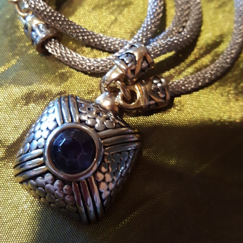 SALE:  Silver/Gold tn pendant with blu stone